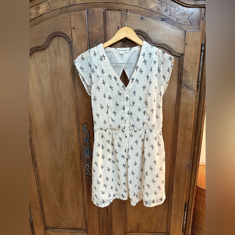 Button-Front Ivory Mini Dress with Black Motif